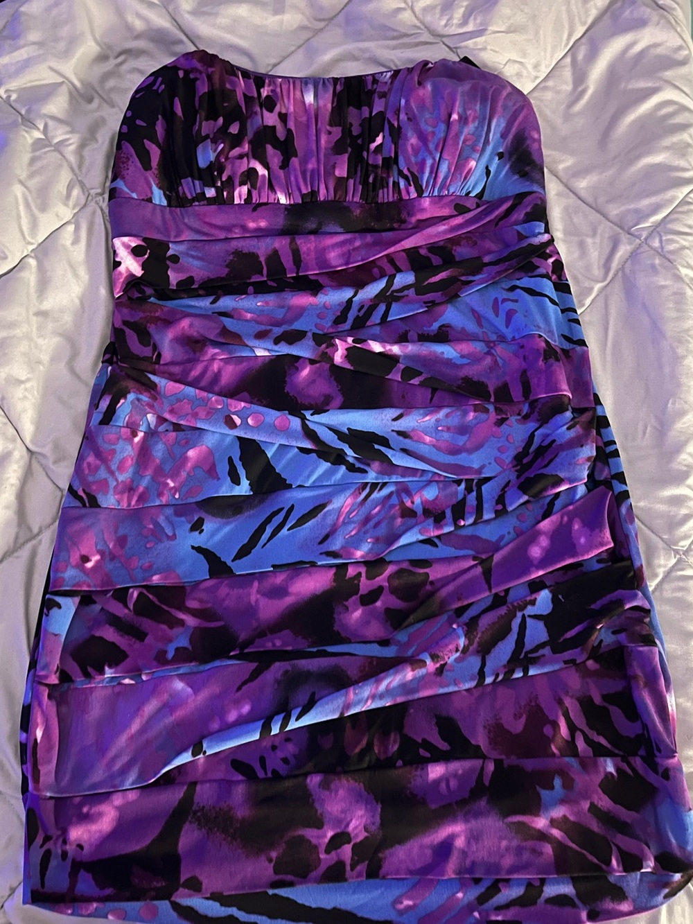 Deb Size 1X Ruched Black and Blue and Purple Dress